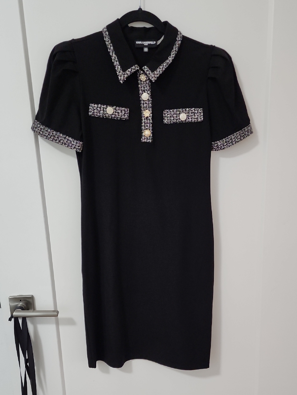 Karl Lagerfeld Black Polo Dress with Tweed Trim and Bling And Pearl Buttons